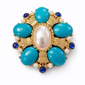 Large Statement Brooch Turquoise Blue Cabochon Faux Pearl Gold Tone